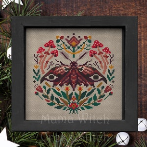 Mushroom Moth cross stitch pattern, Witchy Celestial color chart, Moth embroidery sample, Lunar Gothic cross stitch PDF