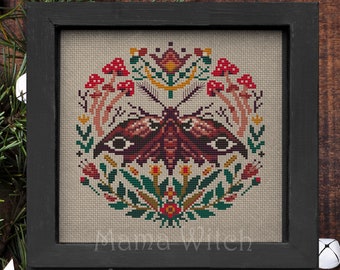 Mushroom Moth Cross Stitch Pattern: Witchy Gothic Embroidery (PDF)