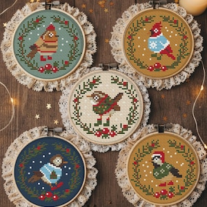 Op de afbeelding: Vijf borduurringen met vogelontwerpen, elk omlijst met kant. De vogels zijn in verschillende kleuren, dragen hoeden en sjaals, omringd door groen en bessen. De borduurringen liggen op een houten oppervlak.