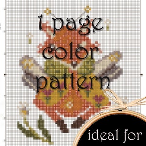 May include: A cross stitch pattern featuring a fox with a red, orange, and yellow patterned dress. The pattern is on a white background with the text "1 page color pattern" and "ideal for gadgets".