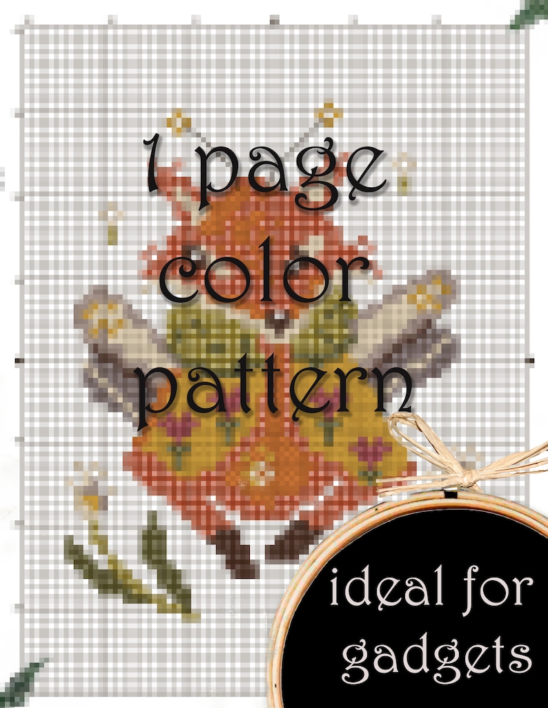 May include: A cross stitch pattern featuring a fox with a red, orange, and yellow patterned dress. The pattern is on a white background with the text "1 page color pattern" and "ideal for gadgets".