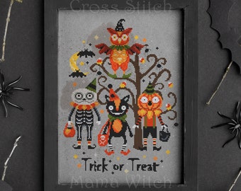 Padrão de ponto cruz de Halloween: gato assustador, coruja e esqueleto (padrão em PDF)