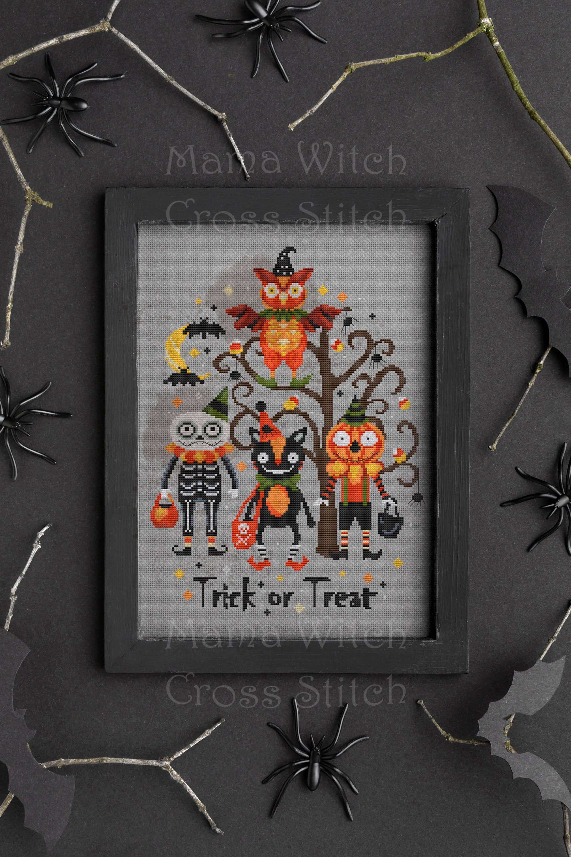 Halloween Cross Stitch Pattern: Spooky Cat, Owl, Skeleton (PDF Pattern)
