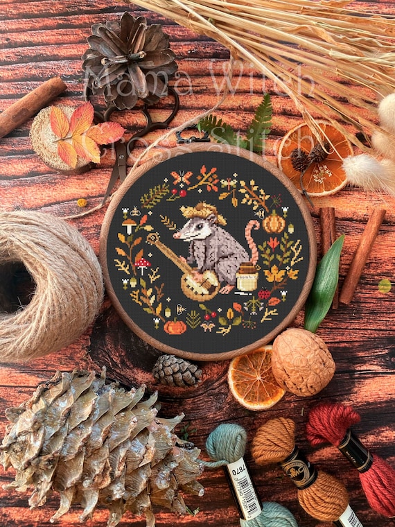 Whimsical Opossum Cross Stitch Pattern: Fall Floral Wreath (PDF Pattern)