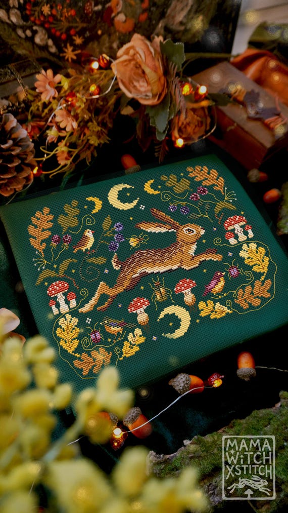 Hare Cross Stitch Pattern, altar decor, witchy cross stitch, mushrooms cross stitch pattern, bugs, insects, cottagecore, digital download