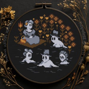 Korsstygnsmönster med viktorianska spöken: Halloween-design med ond damm (PDF-mönster)