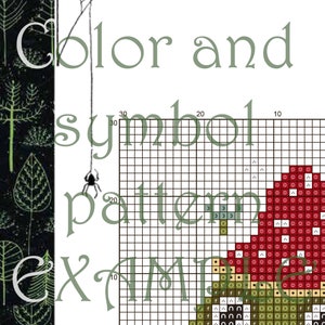 May include: A color and symbol pattern chart for cross stitch or needlepoint. The chart shows a mushroom with a red cap and a brown stem. The chart is labeled with numbers 10, 20, and 30.