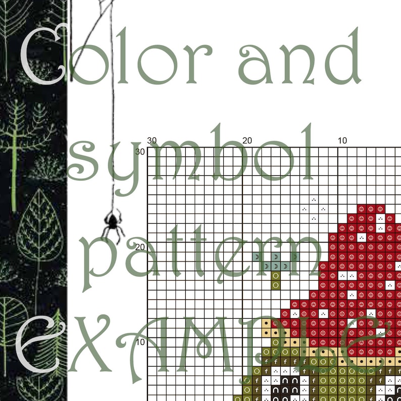 May include: A color and symbol pattern chart for cross stitch or needlepoint. The chart shows a mushroom with a red cap and a brown stem. The chart is labeled with numbers 10, 20, and 30.