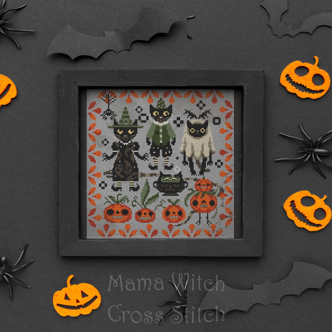Halloween Cat Cross Stitch Pattern: Spooky Witch Embroidery (PDF ...