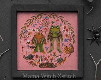 Frog Cross Stitch Pattern: Goblincore Cottagecore Embroidery (PDF