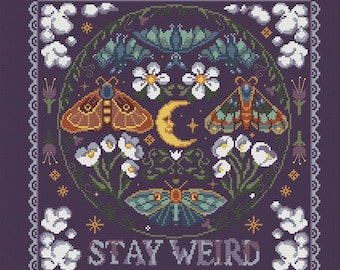 Moth Cross Stitch Pattern, altar decor, witchy cross stitch, bat cross stitch pattern, whimsical cross stitch, digital download