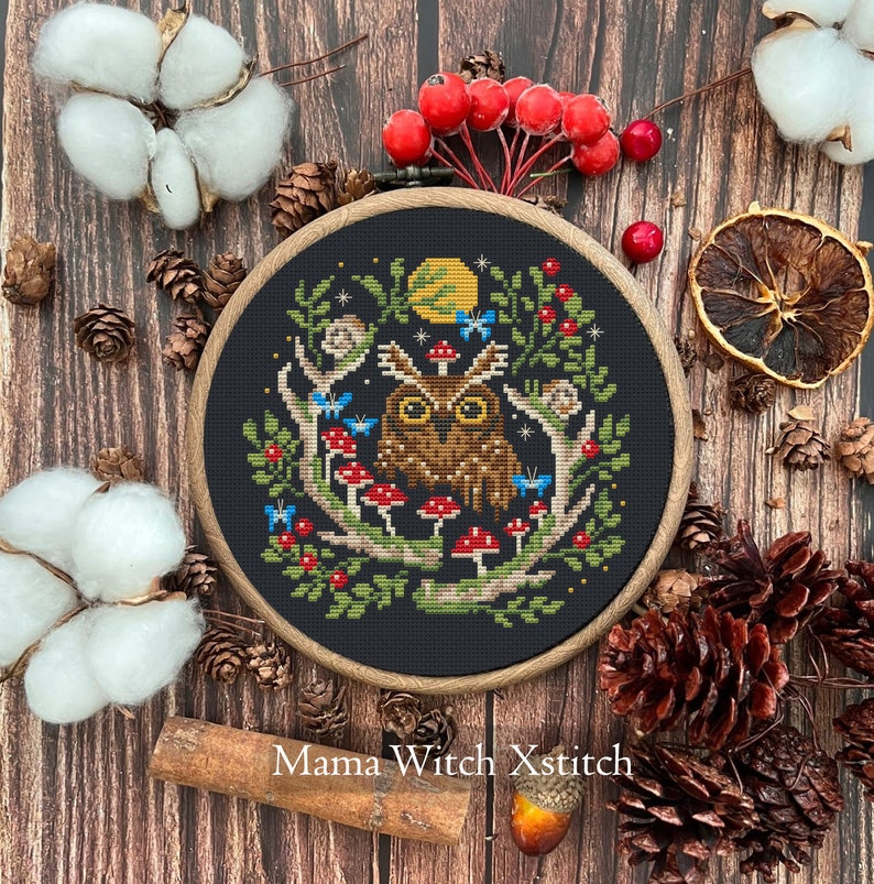 Owl and Fungi from Mama Witch Xstitch 