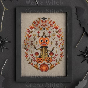 Pumpking King cross stitch pattern, Halloween color chart, Spooky Creepy Horror embroidery sample, Autumn Fall cross stitch PDF, Folk Art