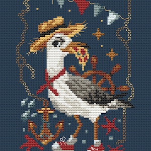 Puede incluir: Un patrón de punto de cruz con una gaviota de dibujos animados que lleva un sombrero de paja y una bufanda roja, sosteniendo una rebanada de pizza. La gaviota está de pie sobre un fondo azul con un tema náutico, que incluye un ancla, un timón de barco y estrellas. El texto "Mama Witch Xstitch" está en la parte inferior de la imagen.