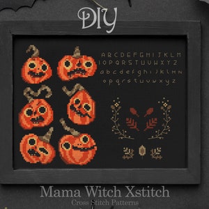 May include: A black and white cross stitch pattern featuring five orange pumpkins with spooky faces. The pattern includes an alphabet chart and a wreath with leaves. The text "Mama Witch Xstitch" and "Cross Stitch Patterns" is at the bottom of the image.