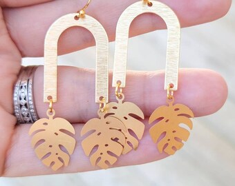 Monstera Leaf Earring, Brass, Gifts for Women, Earrings, Brass Earrings, Lightweight Earrings, Women's Jewelry, Rainbow Earrings, Handmade