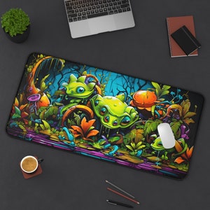Graffiti Alien Frogs Quirky Cute Desk Mat, Keyboard, Mouse Pad, Trading Card Game Play Mat, Gaming Mat, Colorful Green, Futuristic Fantasy