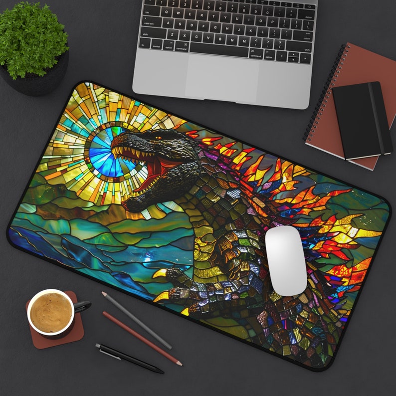 godzilla inspired, kaiju, t-rex, dinosaur, mouse pad, desk mat, tcg playmat