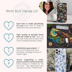 May include: A graphic with four numbered points highlighting the benefits of buying from a small, woman-owned business. The graphic includes a heart shape with each number. The text reads: "Why Buy From Us?"  "Each item is made specifically for you! Each item is made to order with care and attention." "High quality & durable items that are made to last. Plus, we use high resolution so each item comes looking looking it's best." "Satisfaction guaranteed. If you're not happy with your purchase, message me and I'll make it right." "You're supporting a small, woman-owned, family business. Every design is created by my son and I. We appreciate you visiting our shop--THANK YOU!"