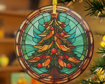 Christmas Tree Round Glass Suncatcher Ornament, Stained Glass Look, Christmas Decoration, Holiday Gift Idea, Keepsake, Tannenbaum