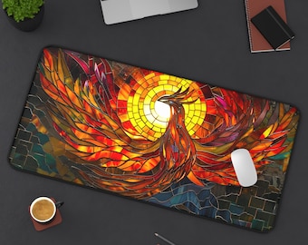 Stained Glass Look Phoenix Fantasy Desk Mat, Mouse Pad, Trading Card Games Play Mat