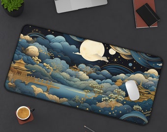 Sky Fantasy Dreamscape Blue and Gold Japanese Motif Desk Mat, Mouse Pad, Trading Card Game Play Mat, Keyboard Pad, Gaming Mat, Art Nouveau