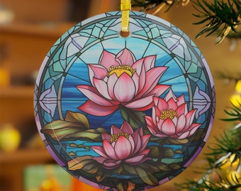 Waterlily Lotus Round Glass Suncatcher Ornament, July Birth Month Flower, Stained Glass Look, Christmas Decoration, Keepsake Gift, Botanical