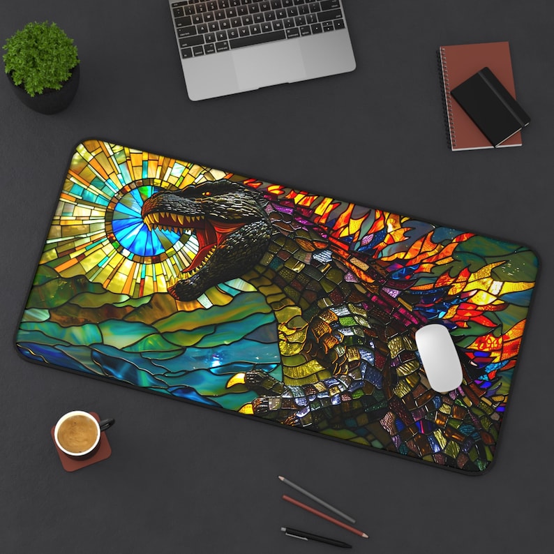godzilla inspired, kaiju, t-rex, dinosaur, mouse pad, desk mat, tcg playmat