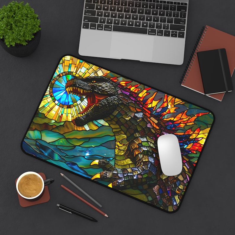 godzilla inspired, kaiju, t-rex, dinosaur, mouse pad, desk mat, tcg playmat