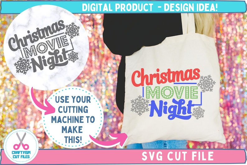 Christmas Movie Night SVG Cut File Tote Bag Design Idea