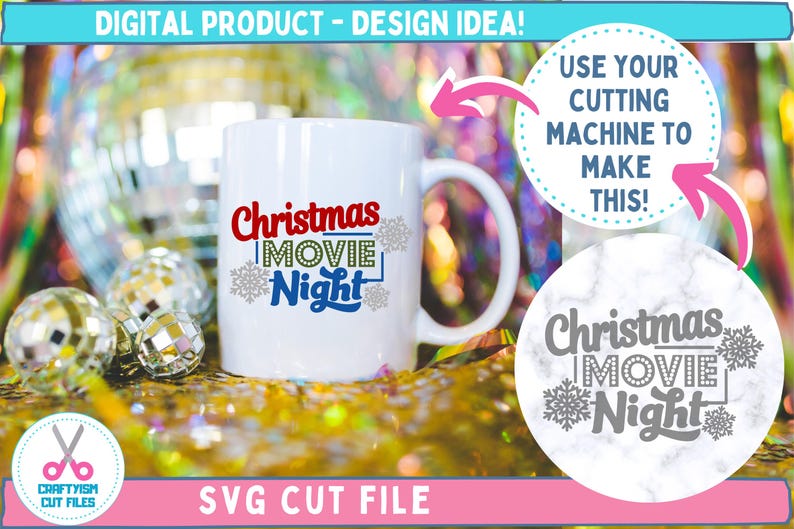 Christmas Movie Night SVG Cut File Mug Design Idea