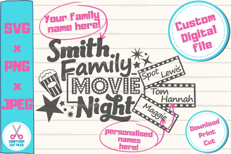 Puede incluir: Un archivo digital para un dise&ntilde;o de noche de cine con el texto "Smith Family Movie Night" y un cubo de palomitas de ma&iacute;z. El dise&ntilde;o incluye tiras de pel&iacute;cula con el texto "Spot Lewis", "Tom Hannah" y "Maggie". El texto "Your family name here!" y "personalised names here!" tambi&eacute;n est&aacute; incluido.