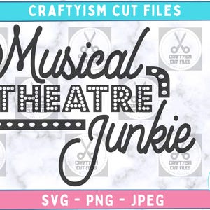 Musical Theatre Junkie SVG, regalo para amantes del teatro SVG, Am Dram SVG, cartel de escenario retro vintage, archivo de corte para Cricut Silhouette