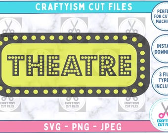 May include: A black and yellow digital cut file design of a marquee sign with the word "THEATRE" in white letters. The design is perfect for use with cutting machines.