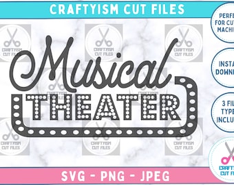 May include: A digital design file for a sign that says "Musical Theater" with a marquee-style border. The design is in black and white and includes a decorative border with white dots.
