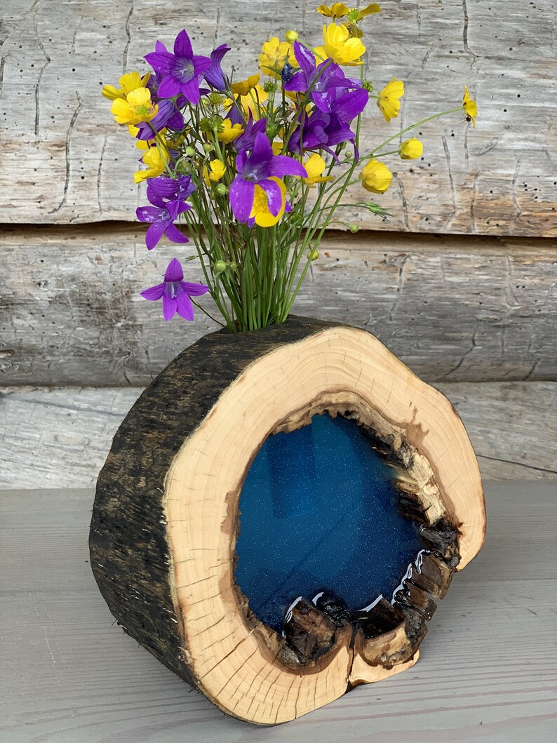 Beautiful vase made of natural wood and resin Blue Ocean Etsy