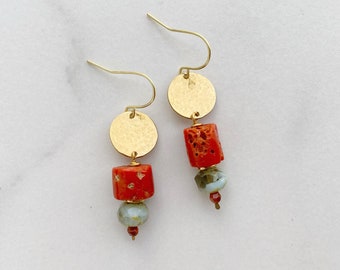 Coral Brass Dangle Earrings