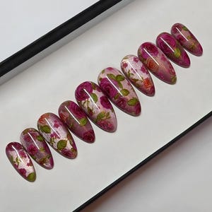 Pink Rose press On Nails | flower Fake Nails | False Nails | Cat Eye Glue on nails | Summer manicure | custom made nails | reusable nails