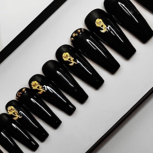 Black and Gold Rose  Nails | Fake Nails | False Nails | hand painted | Glue on nails  | Luxury Nails | Sets of 10 and 20 nails