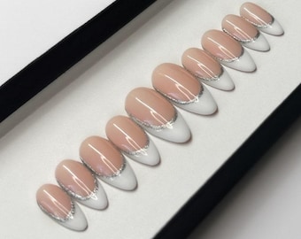 Silver White French tip press on Nails | glue on nails | Fake Nails | False Nails | hand painted nails | Sets of 10 and 20 nails