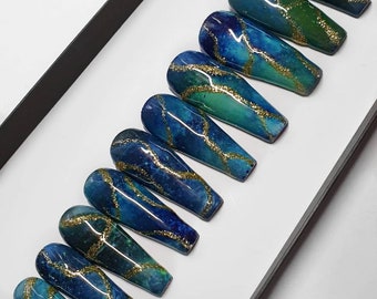 Blue Green & Gold Marble | Galaxy | Press on Nails | Fake Nails | False Nails | hand painted | Glue on nails  | Sets of 10 and 20 nails