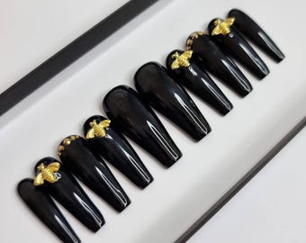Black and Gold Bee  Press on Nails | Fake Nails | False Nails | hand painted | Glue on nails  | Luxury Nails | Sets of 10 and 20 nails