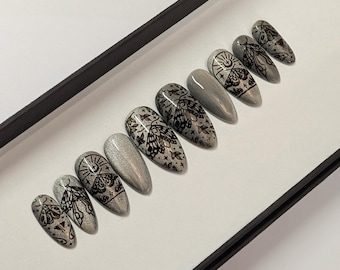 Moon Moth Press on Nails | Silver Pearl Hidden Design | Celestial Fake Nails | False Nails | Hand Painted | Glue on Nails | Halloween Nails