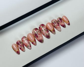 Rose floral Press On Nails | flower Fake Nails | False Nails | gold Glue on nails | Summer French manicure | custom made nails | reusable