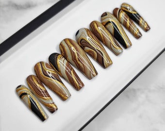 Brown and Gold Press on Nails, Marbled Swirl