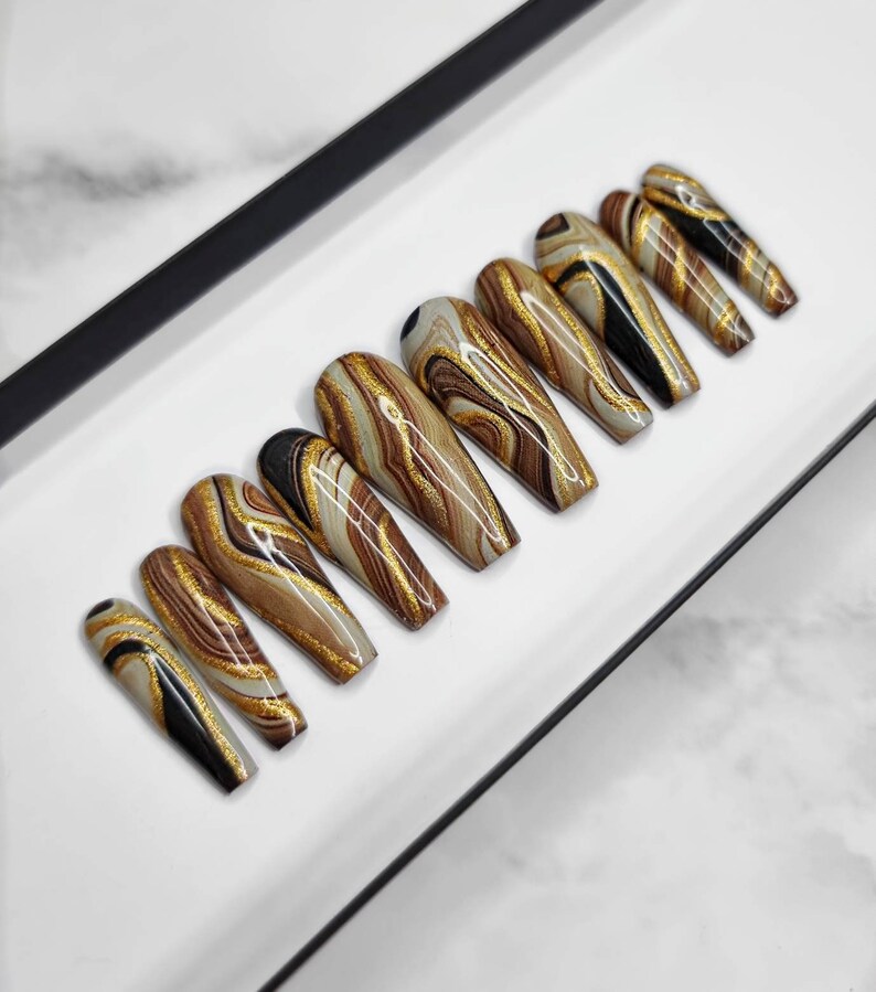 Brown and Gold Swirl Press on Nails Fake Nails False Nails Etsy