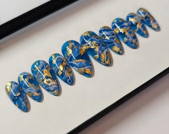 Ocean Waves press on nails : blue and gold marble fake nails