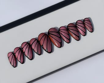 Pink Butterfly Press On Nails | Hand painted Holo Fairy wings False Nails