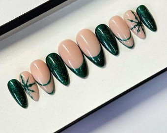 Glitter Green Christmas Press on Nails | Xmas Fake Nails | Party False Nails | hand painted | New Years Eve Glue on nails | Luxury Nails