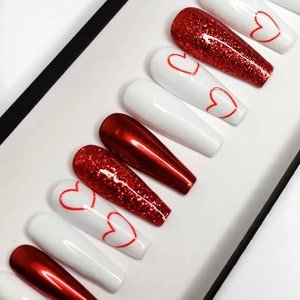 Red and White Love Heart Press on Nails Fake Nails False - Etsy